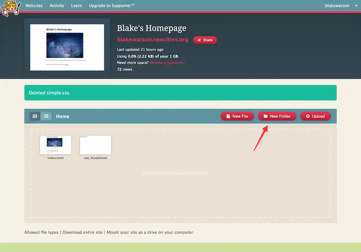 Screenshot of a Neocities dashboard for "Blake's Homepage." The page shows file management options, including uploading files, creating new files, and new folders. Blake's webpage URL and editing options are visible, highlighted by a red arrow pointing at the "New Folder" button.