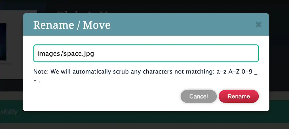 A pop-up window titled "Rename / Move" shows a file path "images/space.jpg" being edited.