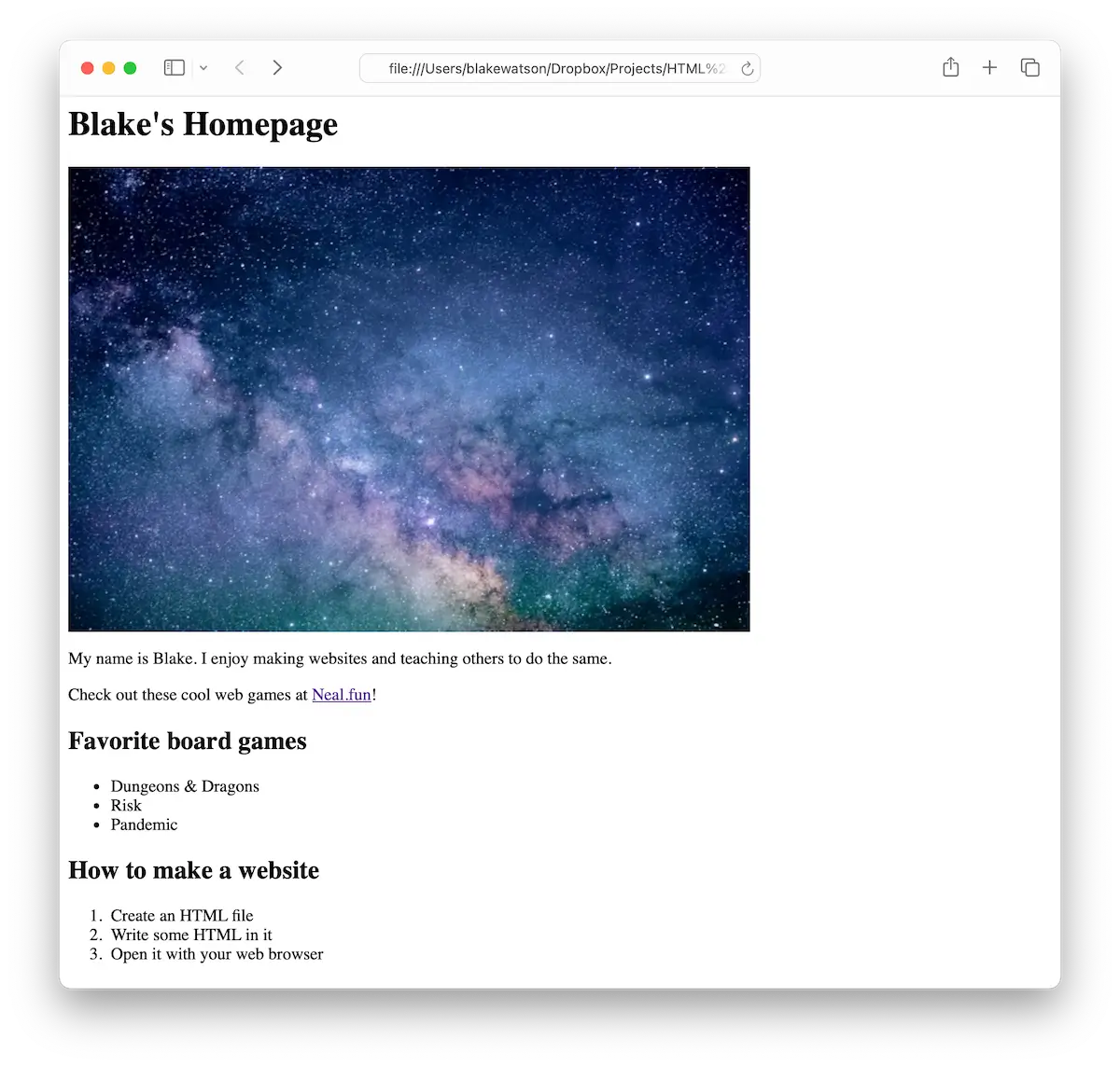 Screenshot of "Blake's Homepage" featuring an image of a starry galaxy. The text states Blake enjoys making websites and teaching others to do the same. Below, there are sections for favorite board games and a guide on making a website.