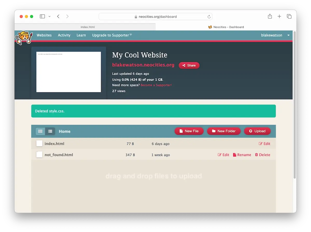 Screenshot of a Neocities dashboard. The header reads "My Cool Website" with the URL "blakewatson.neocities.org" underneath. It shows file usage details and lists two files, "index.html" and "not_found.html," with options to edit or delete them.