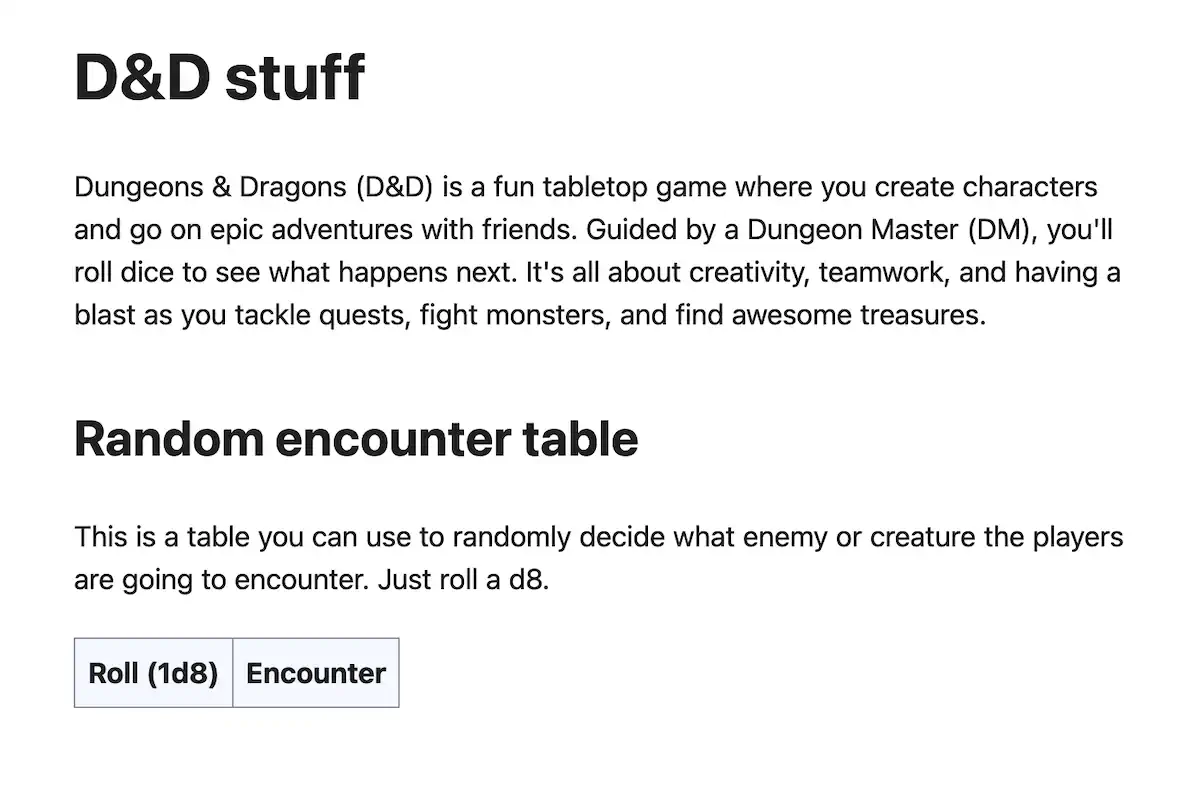 An image describing Dungeons & Dragons (D&D) as a fun tabletop game involving character creation and adventures. There is a "Random encounter table" section with the headers of a table stubbed out.