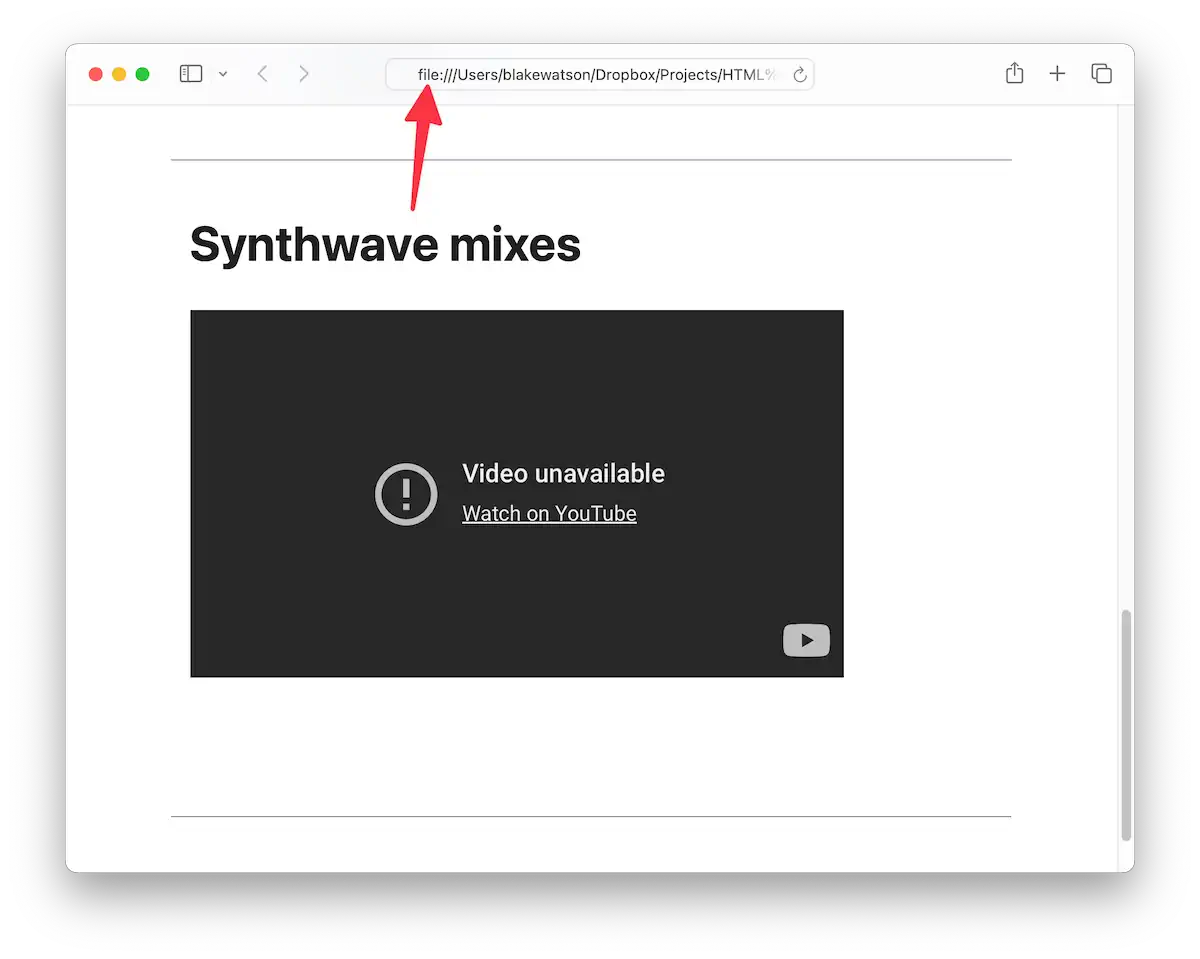 Screenshot of a webpage titled "Synthwave mixes" with an embedded video player in the center displaying a message that reads "Video unavailable. Watch on YouTube." There is an address bar at the top indicating a local file path.