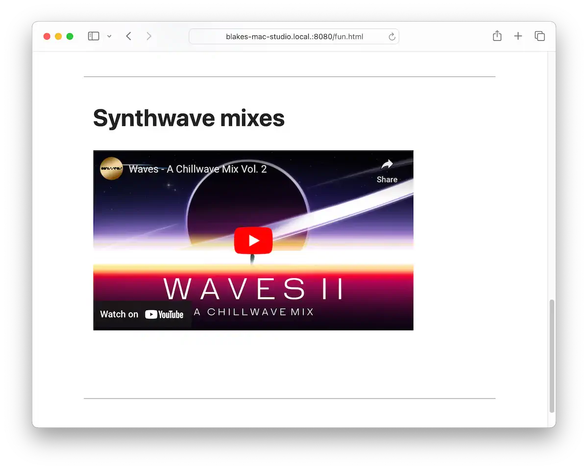 A web page titled "Synthwave mixes" featuring an embedded YouTube video player. The video is titled "Waves - A Chillwave Mix Vol. 2" and has a cover image with a futuristic design, including a planet and a beam of light. There’s a HTTP web address now instead of a local file path.