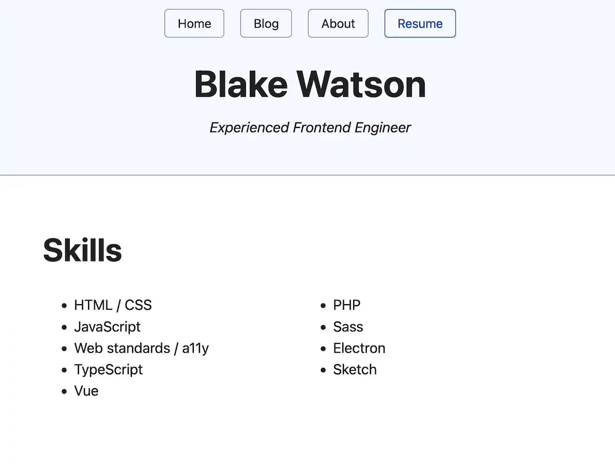 Screenshot of the updated "Resume" page. The "Skills" section is now organized into two columns, each listing different technical skills in a bullet-point format for a more compact and visually balanced presentation.