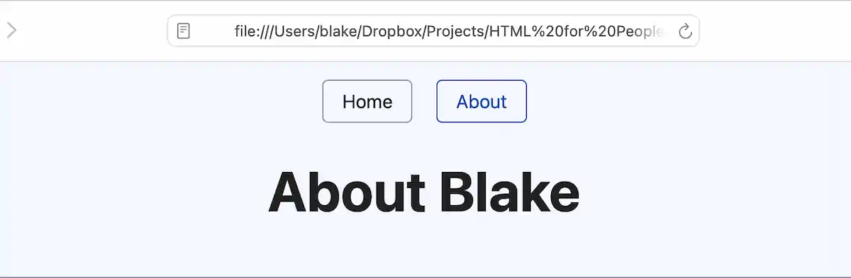 Screenshot showing the top section of the "About Blake" page with navigation buttons. The navigation includes "Home" and "About," with the "About" button highlighted to indicate the current page. The header "About Blake" is displayed in bold below the navigation bar.