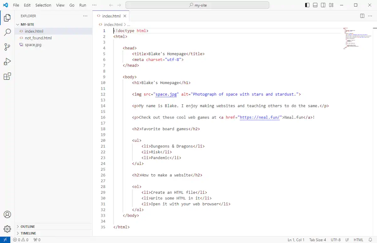 Screenshot of Visual Studio Code with HTML code for "Blake's Homepage." The left sidebar with the project's files. The main editor shows the same source code as before, but the code has been colorized to make it easier to distinguish the different parts of the code.