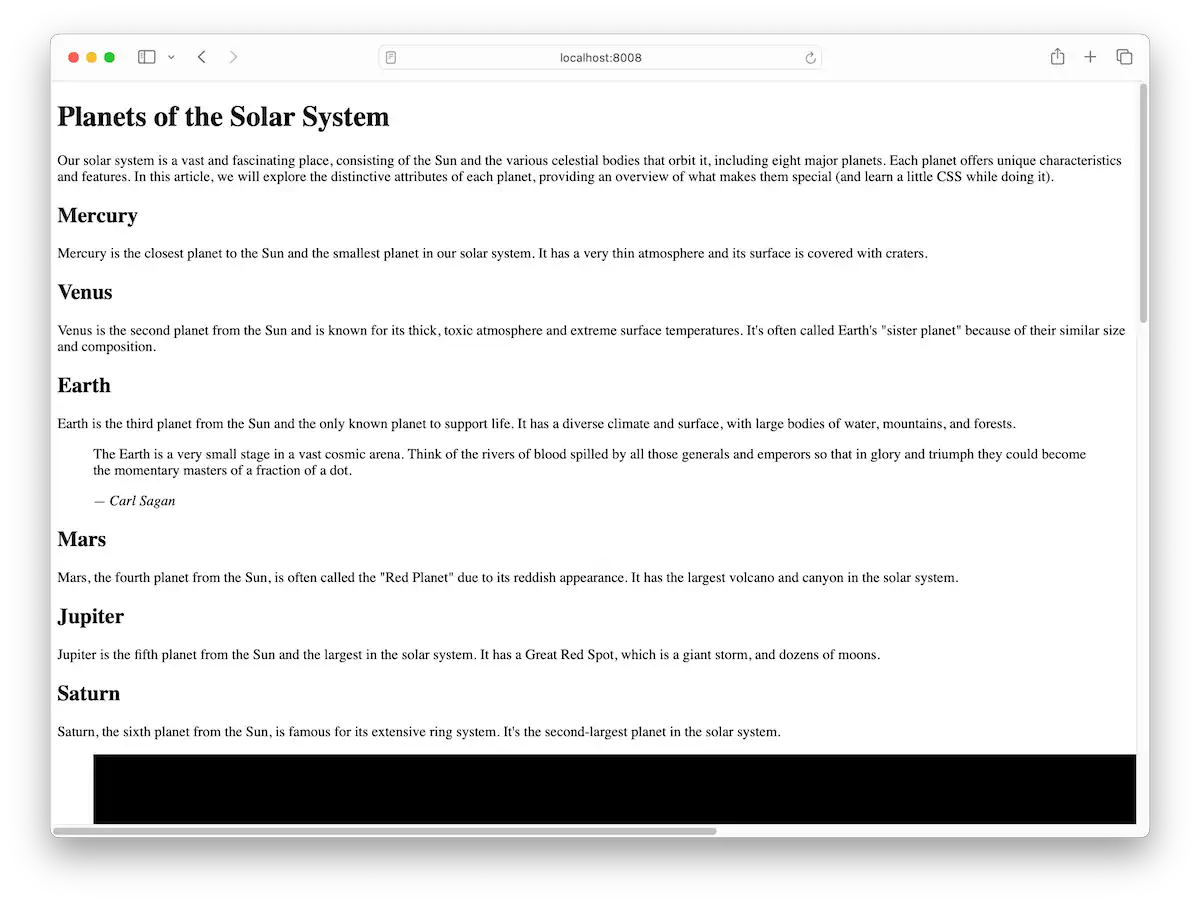 Screenshot of the browser rendering the webpage, "Planets of the Solar System." Each planet has a brief description highlighting unique characteristics. The page uses only default browser styles and is completely unstyled.