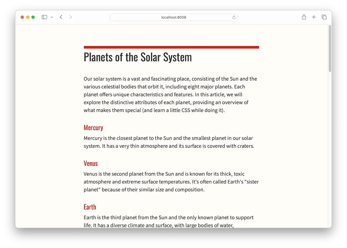 The webpage titled "Planets of the Solar System" has received a design update. The font has been changed, and the font colors have been updated. The background has been refreshed to complement these changes. The header now features a top border. The page appears more polished and designed.