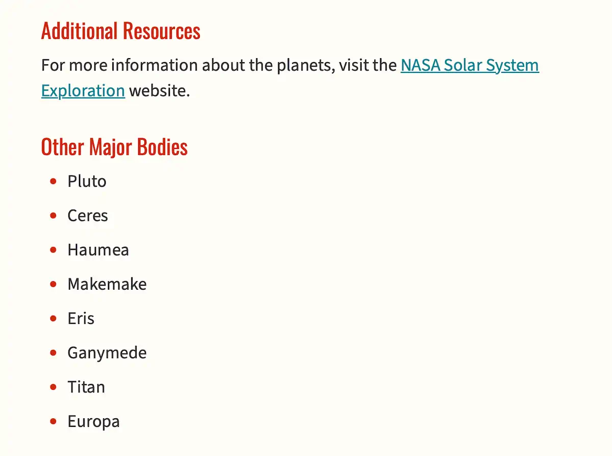 Screenshot of the bulleted list titled "Other Major Bodies" includes entries for Pluto, Ceres, Haumea, Makemake, Eris, Ganymede, Titan, and Europa. It has more spacing between list items, making it easier to read. The bullet points are red, while the text is the same dark text color.