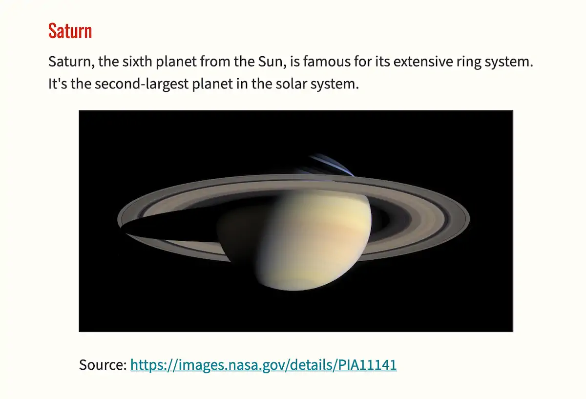 The image of Saturn, the sixth planet from the Sun, features its extensive ring system. The planet is shown with a shadowed portion and the rings partially illuminated. Text above the image provides information about Saturn's position and size in the solar system. The image is narrower than the text column and by default the image is rectangular with sharp corners.