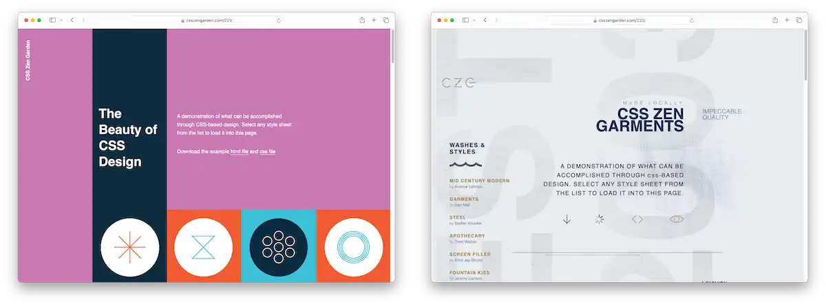 Screenshot of two web pages from the CSS Zen Garden project. The left page features a colorful, vibrant design with a pink, purple, and orange palette. The right page has a minimalist, clean design with a light grey background and blue text. Both showcase CSS design capabilities.