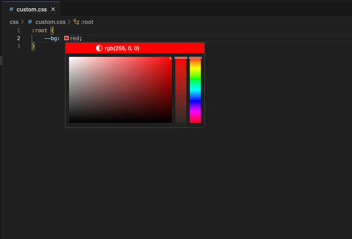 In a Visual Studio Code editor window, a CSS file named "custom.css" is open. The editor displays an inline color picker tool beside the code that sets the background color with the property . The color picker shows various shades of red along with their RGB color values for easy selection and adjustment.