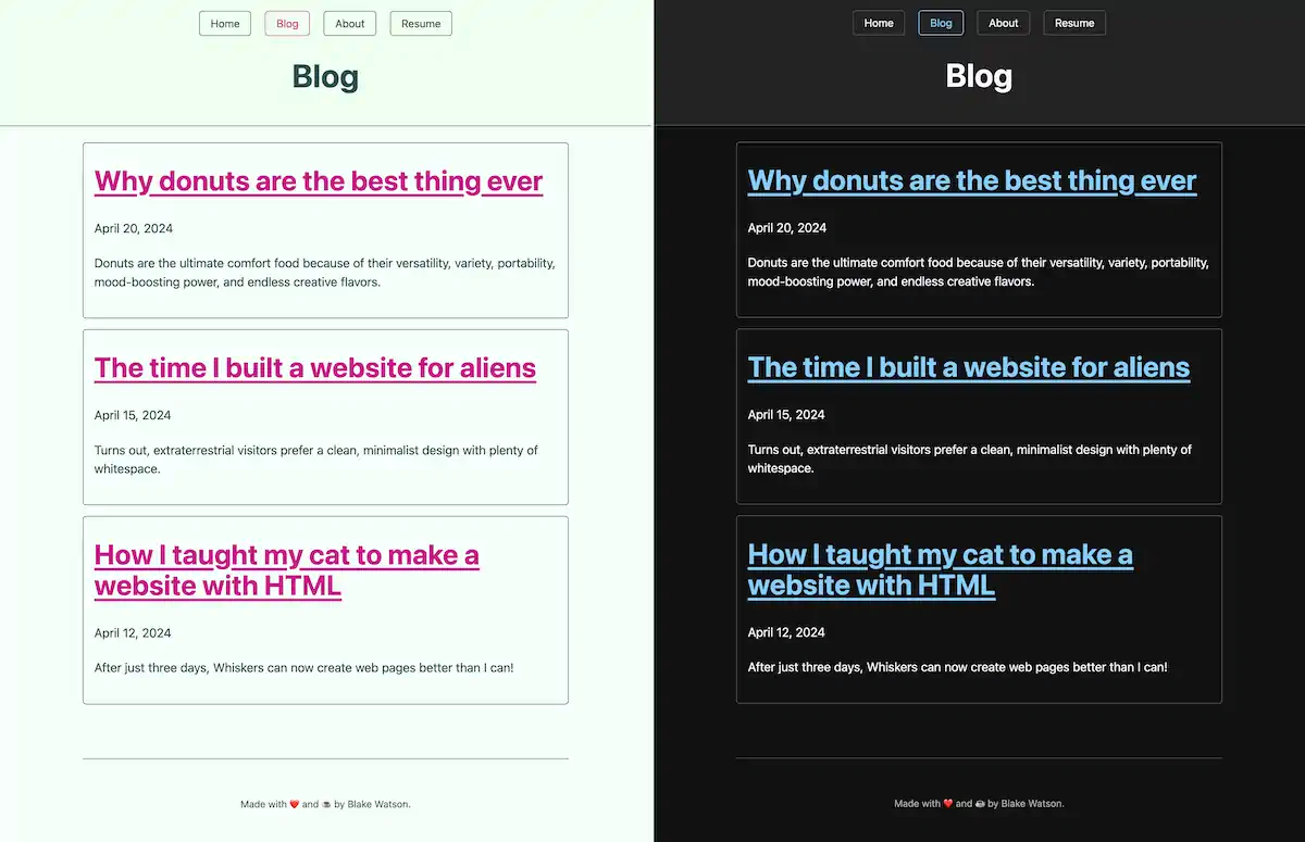 A split-screen image showcases two iterations of a blog page: on the left, the page features a light custom color theme with vibrant pinks and pale greens. On the right, it uses a dark custom color theme with blue as an accent color for links and buttons. Both versions present identical content of the blog listing page. The use of custom colors here marks a departure from the default light and dark themes previously used.