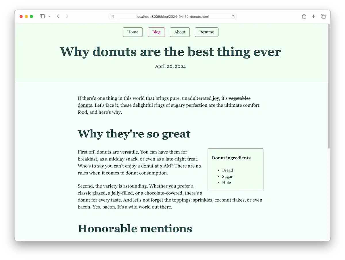 Screenshot of a blog post titled "Why donuts are the best thing ever," dated April 20, 2024. It’s using the customized light theme from before. The text is set in a serif font rather than the default sans serif.