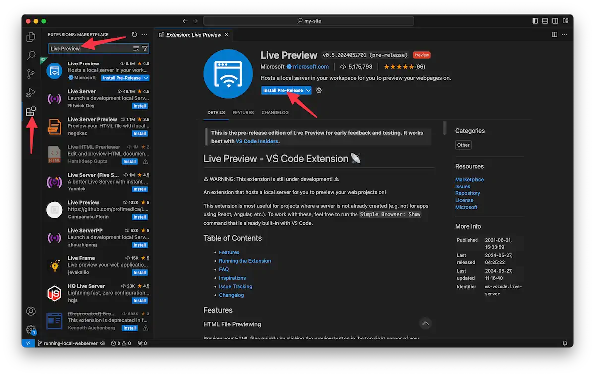 A screenshot of the Visual Studio Code Extensions Marketplace displaying the "Live Preview" extension page. The extension is created by Microsoft and has a description, ratings, usage instructions, and installation button visible.