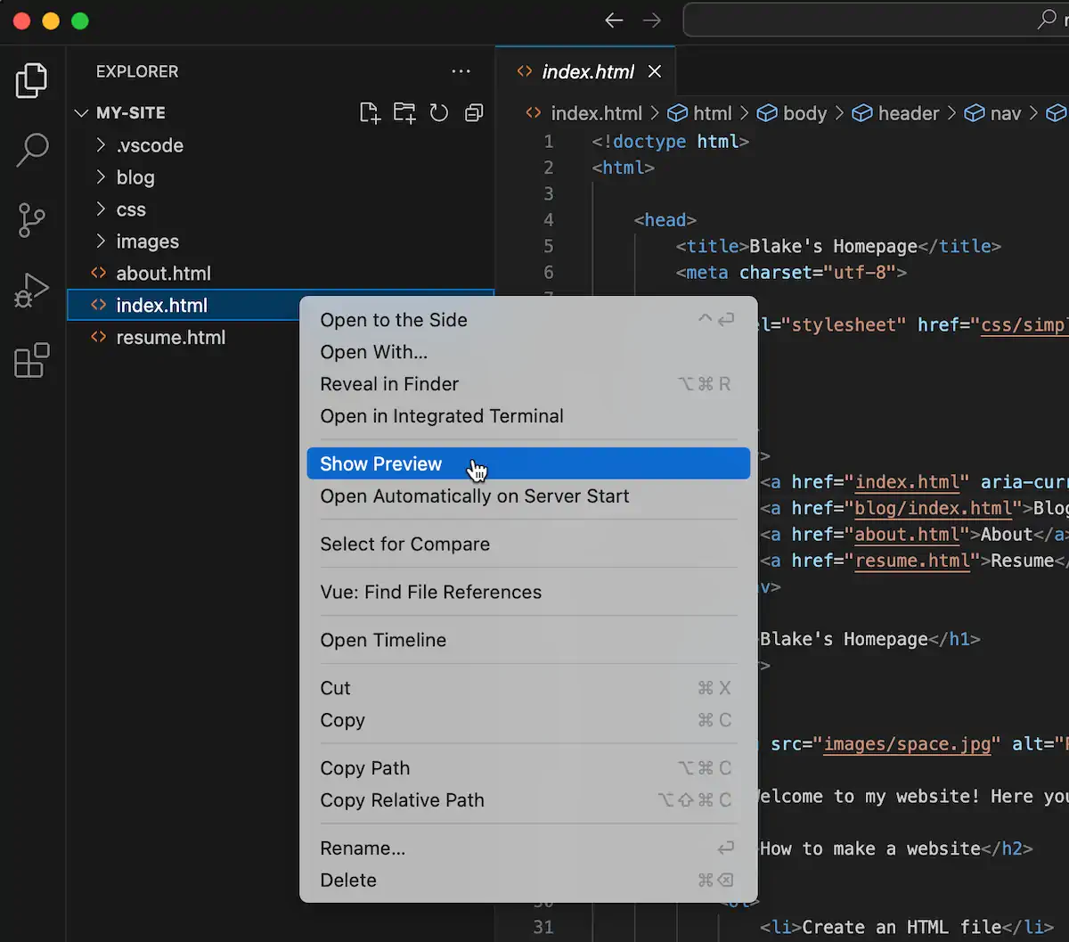 A VS Code window is open showing HTML code. The file "index.html" is selected on the left sidebar, while a context menu over index.html is open with the option "Show Preview" highlighted.