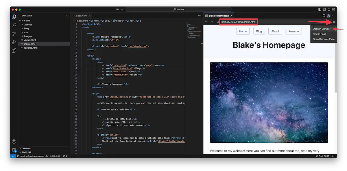 Screenshot of a VS Code window. On the left side is HTML code for a personal webpage. On the right side, the webpage preview shows "Blake's Homepage" with navigation buttons and an image of a starry night sky. The URL is highlighted in a navigation bar.