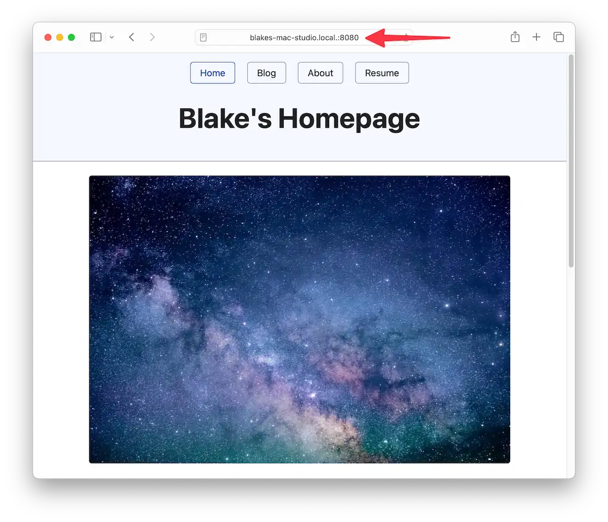 A browser window titled "Blake's Homepage" with navigation links for Home, Blog, About, and Resume. The main section features an image of a starry night sky with colorful nebulae. A red arrow points to the URL bar at the top of the screen.