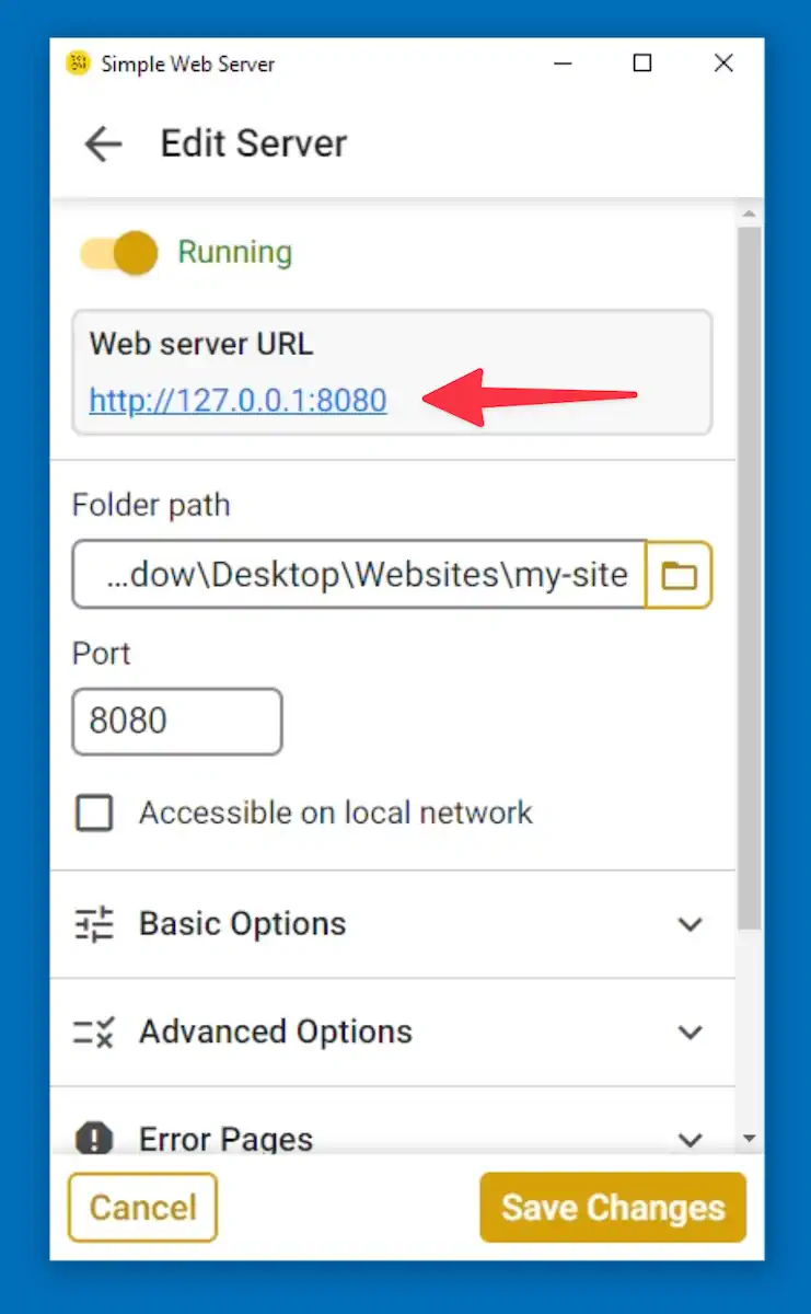 A Simple Web Server window titled 'Edit Server' shows options for a running web server. The URL highlighted is 'http://127.0.0.1:8080' and appears clickable. There are fields for folder path, port (set to 8080), and a checkbox for local network accessibility. At the bottom are cancel and save changes buttons.