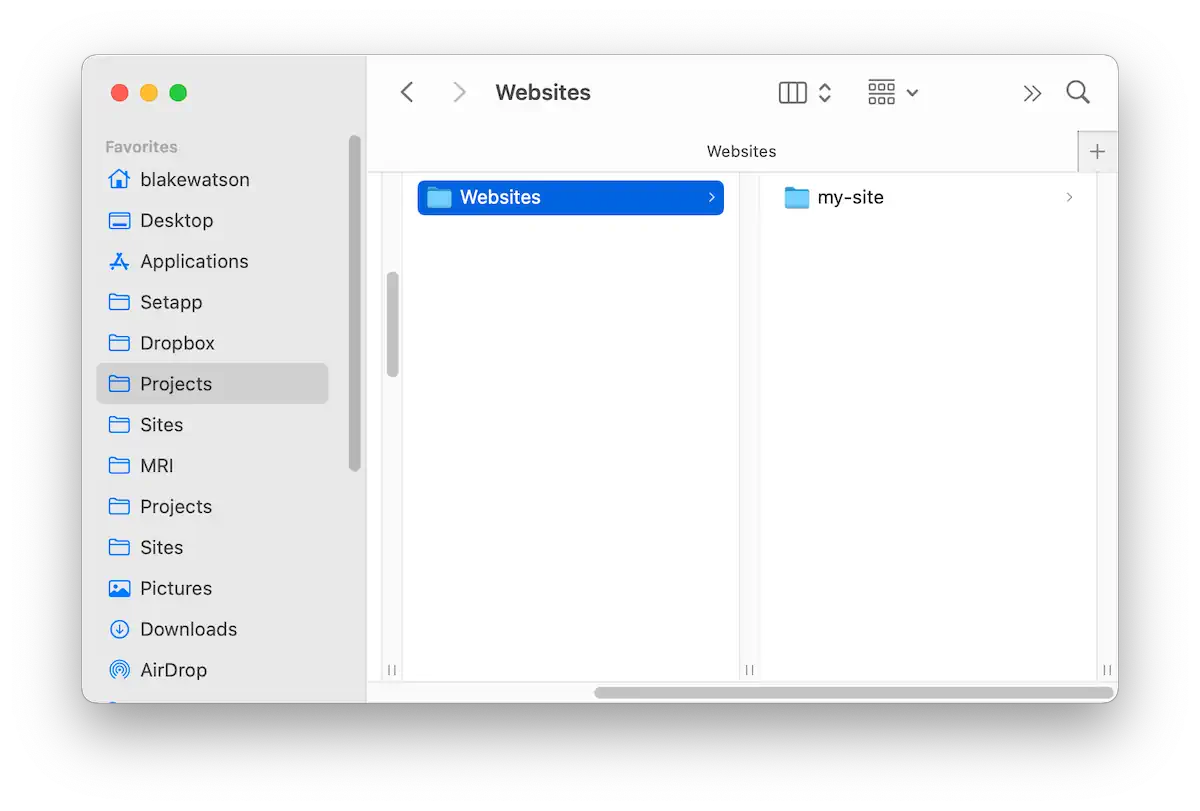 Screenshot of a file explorer window showing a folder named "Websites" selected in the left pane and a folder named "my-site" displayed inside the "Websites" folder on the right pane.