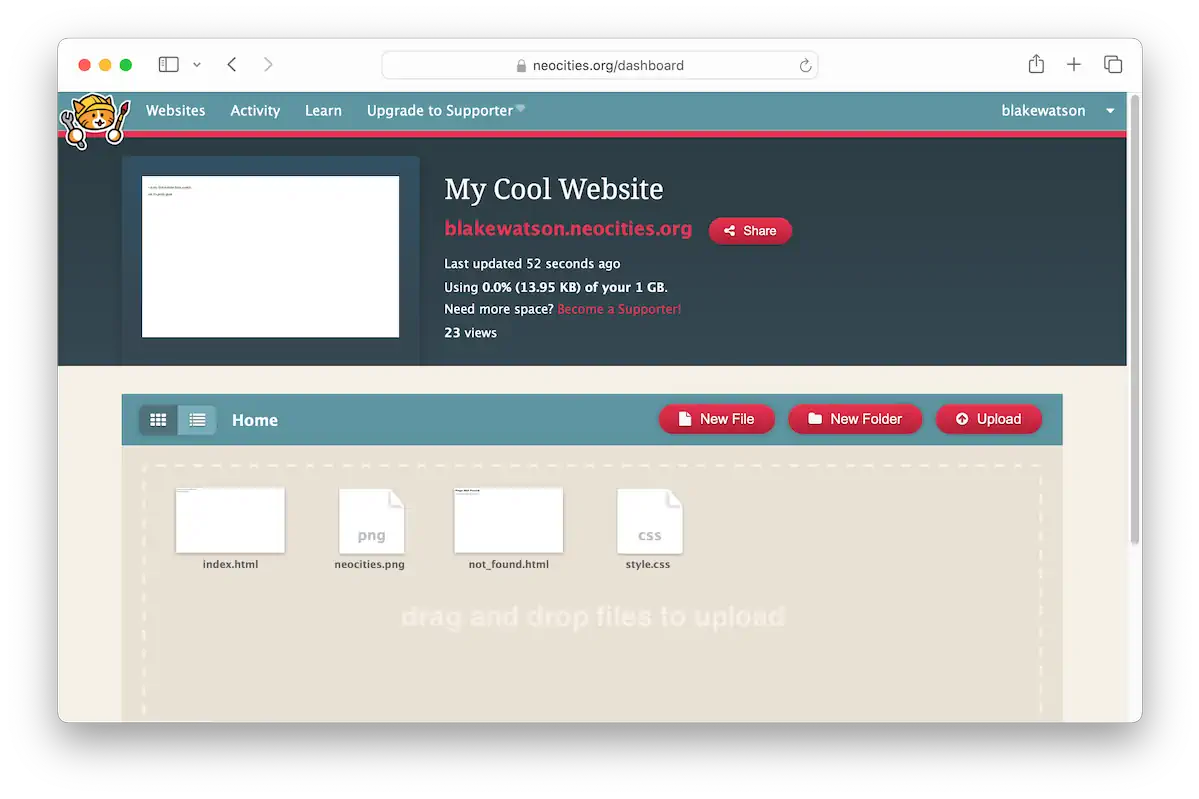 Screenshot of the Neocities dashboard showcasing a website named "My Cool Website" belonging to user blakewatson. The interface shows options for creating a new file, new folder, or uploading files, as well as information about storage usage and site activity.